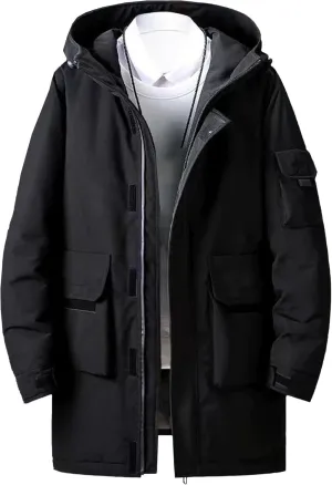 Mens Long Windproof Hooded Jacket Water-Repellent Jackets for Ski Outdoor Winter Quilted Zip Male Puffer Parka