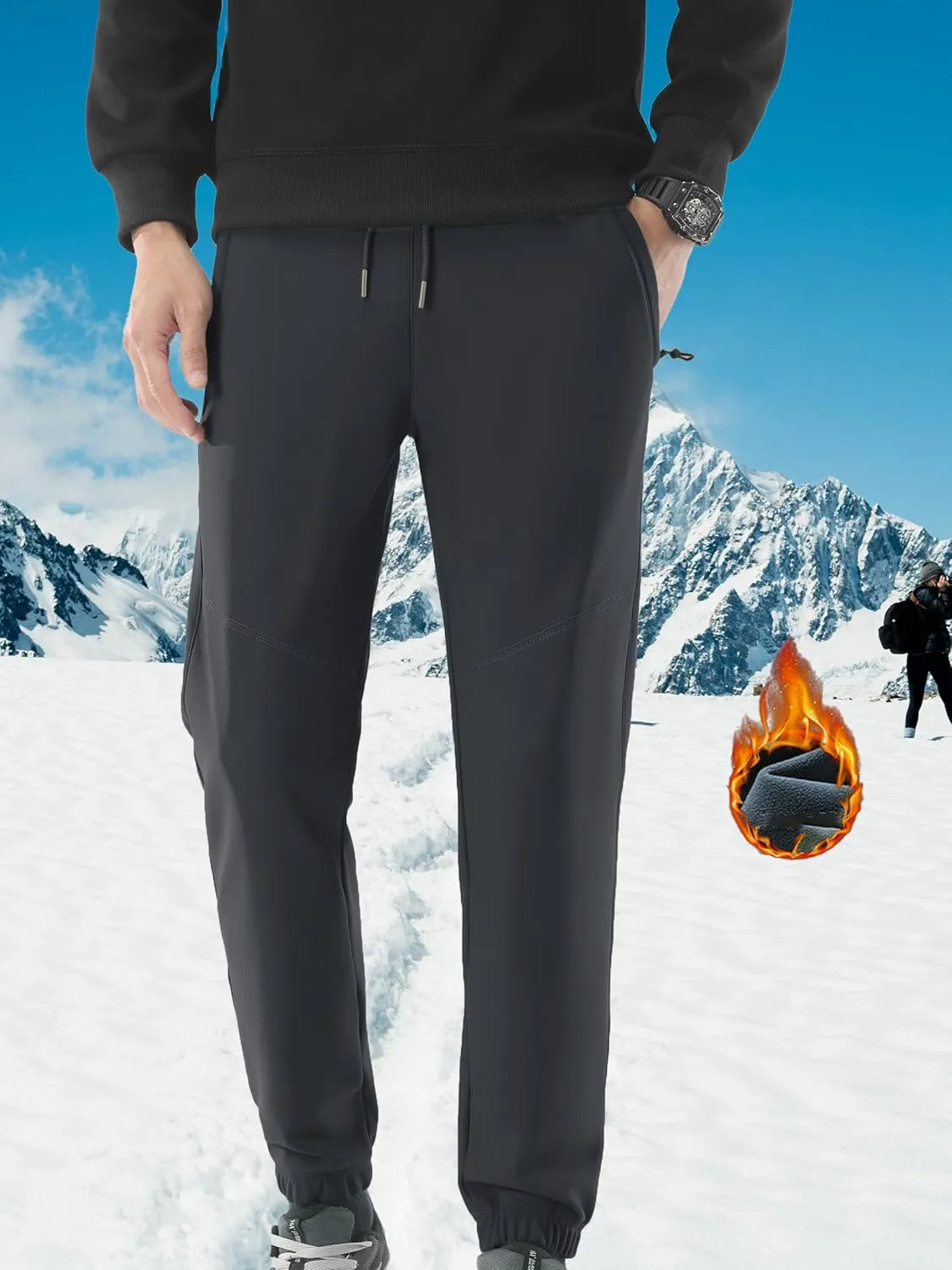 Men's Winter Outdoor Hiking Pants Short Length 27-30" Water Repellent Softshell Fleece Lined Warm Sweatpants