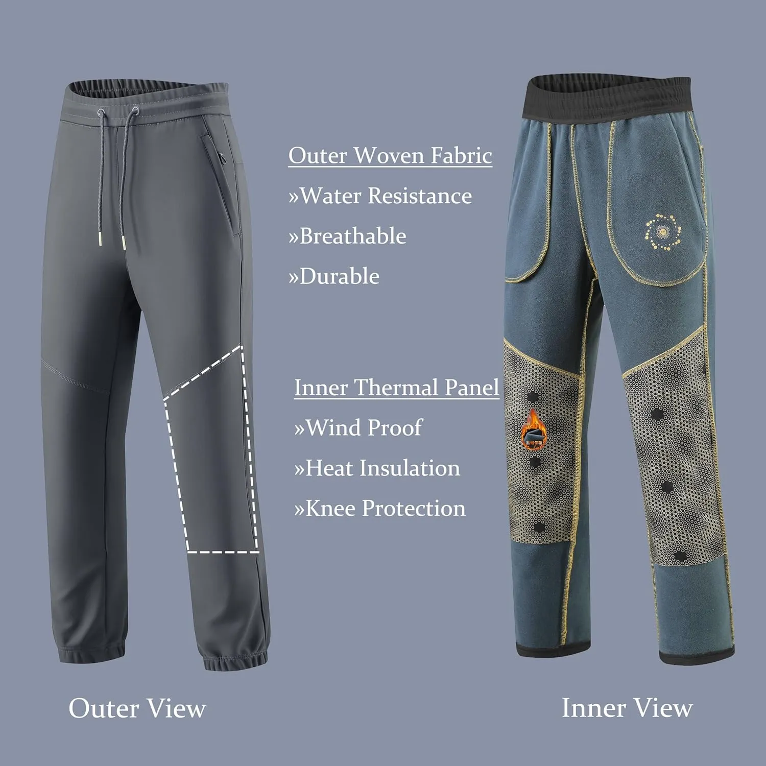 Men's Winter Outdoor Hiking Pants Short Length 27-30" Water Repellent Softshell Fleece Lined Warm Sweatpants