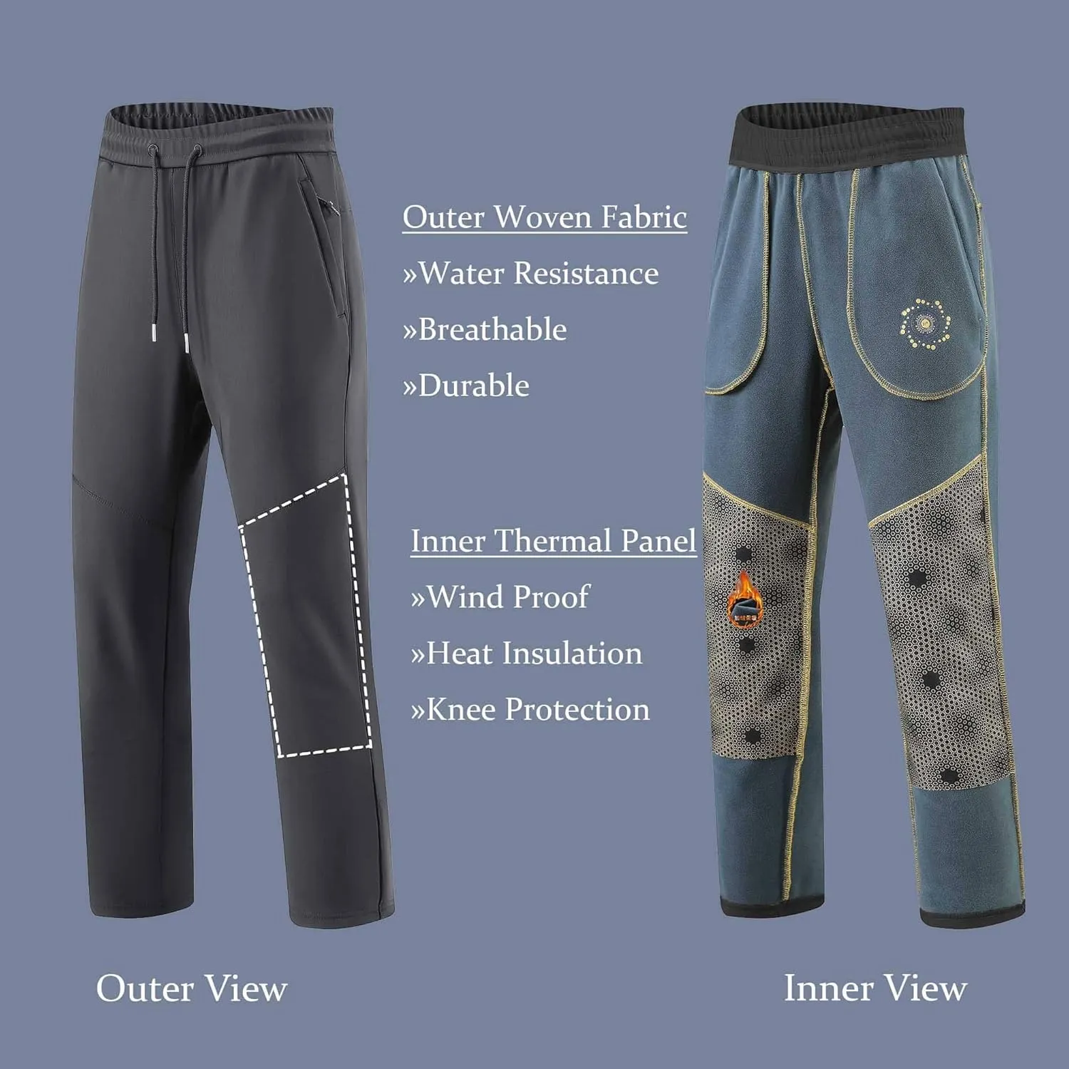 Men's Winter Outdoor Hiking Pants Short Length 27-30" Water Repellent Softshell Fleece Lined Warm Sweatpants