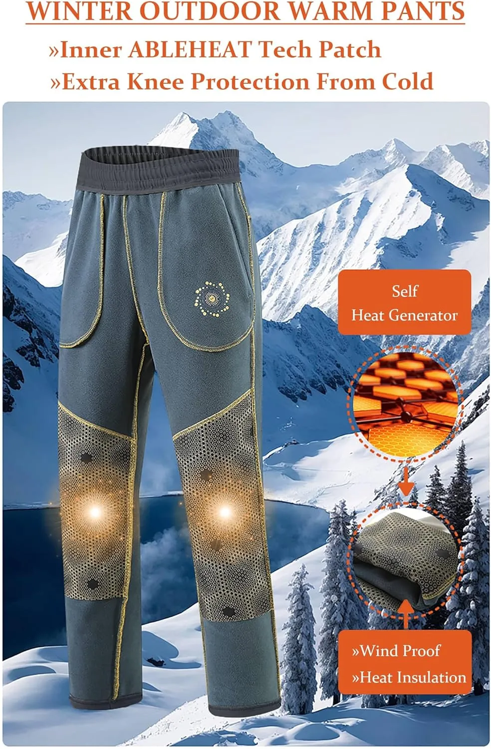 Men's Winter Outdoor Hiking Pants Short Length 27-30" Water Repellent Softshell Fleece Lined Warm Sweatpants