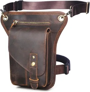Mens Womens Genuine Leather Motorcycle Tactic Hiking Fanny Waist Pack Drop Leg Thigh Cross Over Messenger Bag (A Brown)