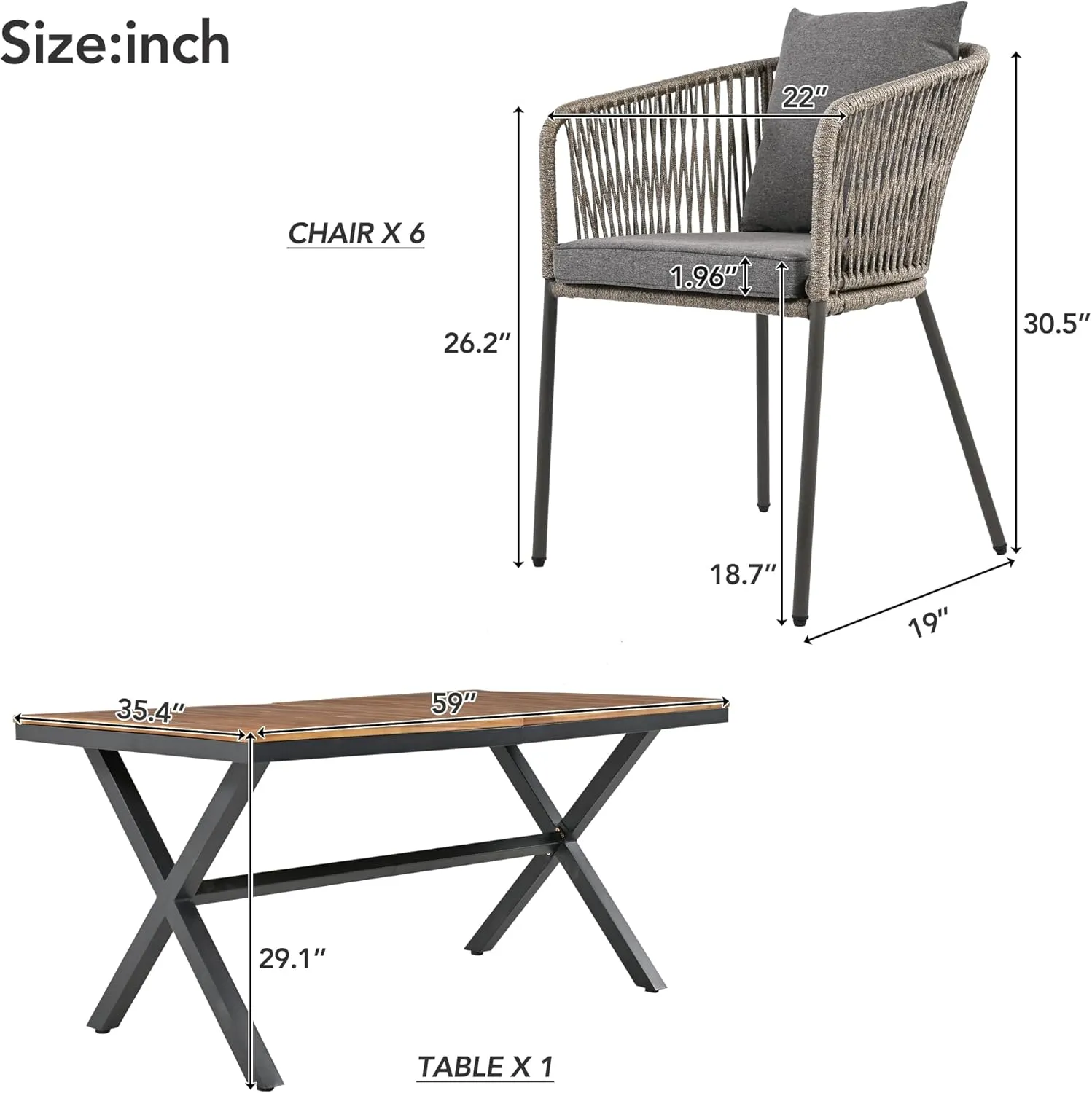 Merax 7 Pieces Patio Dining Table and Chairs, All-Weather Outdoor Furniture Set, Acacia Wood Tabletop, Metal Frame, for Garden, Backyard, Balcony, Grey