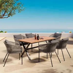 Merax 7 Pieces Patio Dining Table and Chairs, All-Weather Outdoor Furniture Set, Acacia Wood Tabletop, Metal Frame, for Garden, Backyard, Balcony, Grey