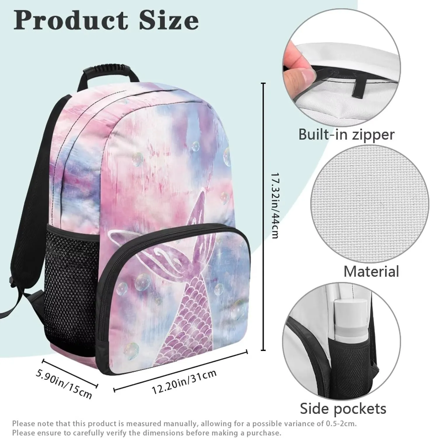 Mermaid Fishtail Travel Computer Backpack Large Shoulder 17 Inch Backpacks Laptop Book Bag with Ergonomic Shoulder Straps for Men Women Daily