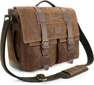 Messenger Bag for Men,14-15.6 Inch Laptop Bag, Water-resistant Waxed Canvas Satchel Bag, Vintage Leather Briefcase for School Work Travel (Vintage Brown)