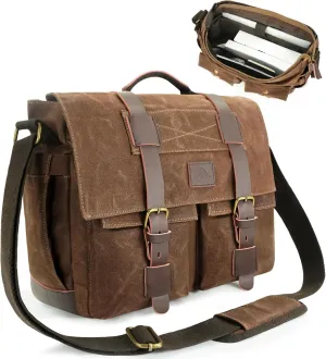 Messenger Bag for Men,14-15.6 Inch Laptop Bag, Water-resistant Waxed Canvas Satchel Bag, Vintage Leather Briefcase for School Work Travel (Vintage Brown)