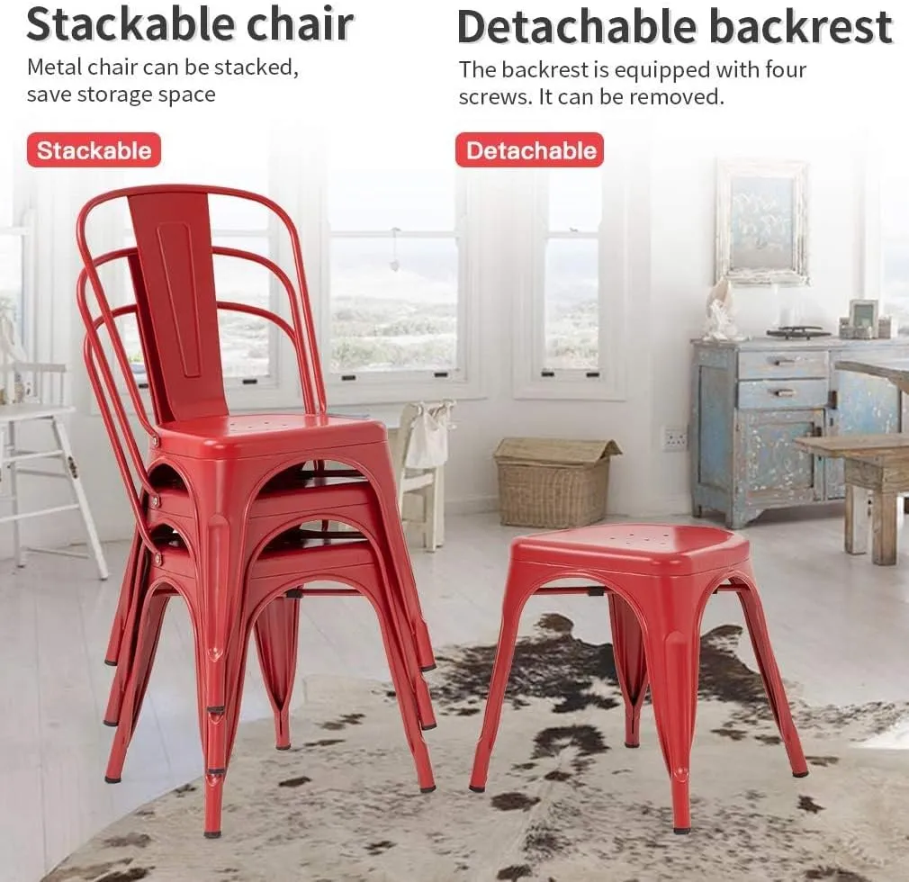 Metal Dining Chairs Set of 4 18 inch Seat Height Dining Room Chairs Kitchen Chairs Outdoor Restaurant Stackable Chairs Indoor Outdoor Chairs, Red…