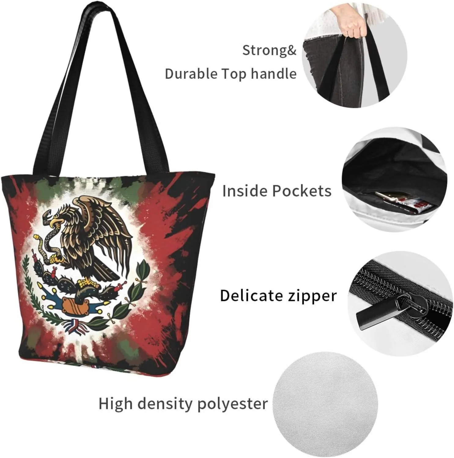 Mexico Mexican Eagle Art Flag Women's Tote Bag Shoulder Bag Shopping Handbag Large Capacity Handbag With Zipper