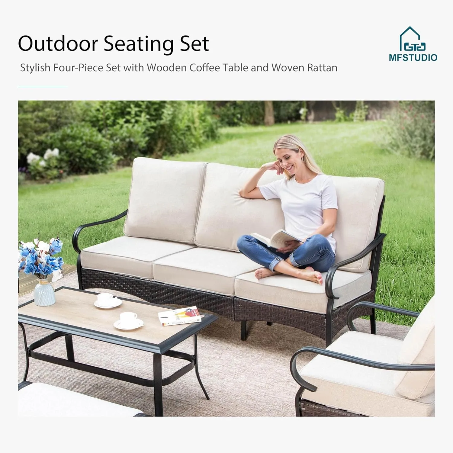 MFSTUDIO 4 Pieces Outdoor Patio Furniture Set, Metal Outdoor Conversation Set, Rattan Wicker Patio Sectional with 2 x Swivel Single Sofa, 3-Seat Sofa, 1 x Coffee Table, Beige