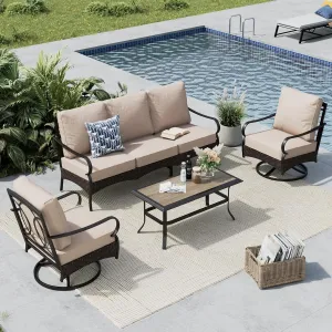 MFSTUDIO 4 Pieces Outdoor Patio Furniture Set, Metal Outdoor Conversation Set, Rattan Wicker Patio Sectional with 2 x Swivel Single Sofa, 3-Seat Sofa, 1 x Coffee Table, Beige