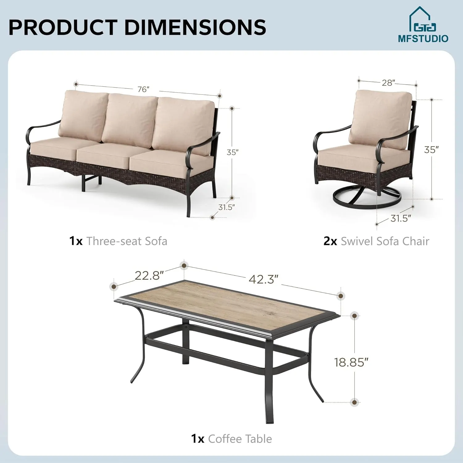 MFSTUDIO 4 Pieces Outdoor Patio Furniture Set, Metal Outdoor Conversation Set, Rattan Wicker Patio Sectional with 2 x Swivel Single Sofa, 3-Seat Sofa, 1 x Coffee Table, Beige