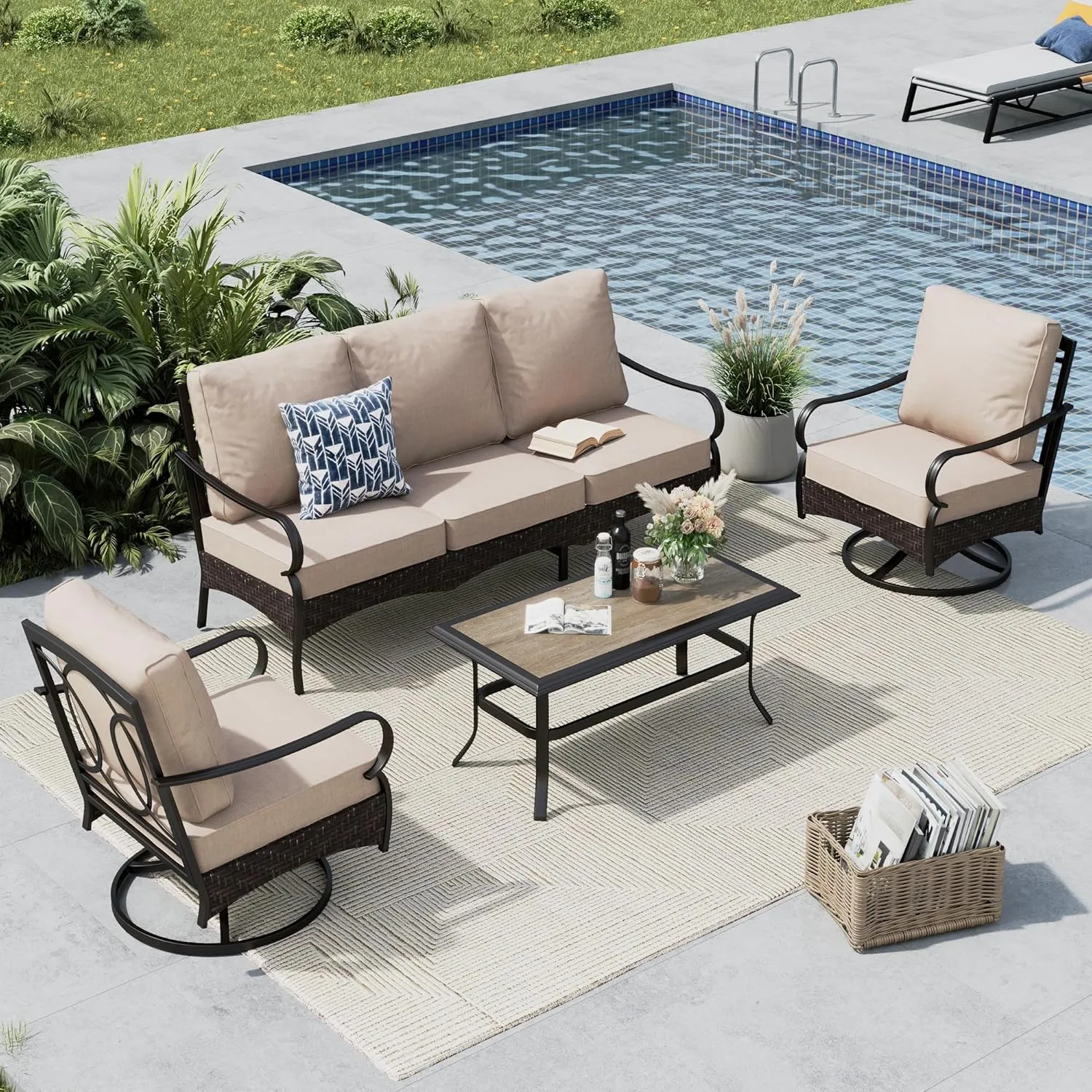 MFSTUDIO 4 Pieces Outdoor Patio Furniture Set, Metal Outdoor Conversation Set, Rattan Wicker Patio Sectional with 2 x Swivel Single Sofa, 3-Seat Sofa, 1 x Coffee Table, Beige