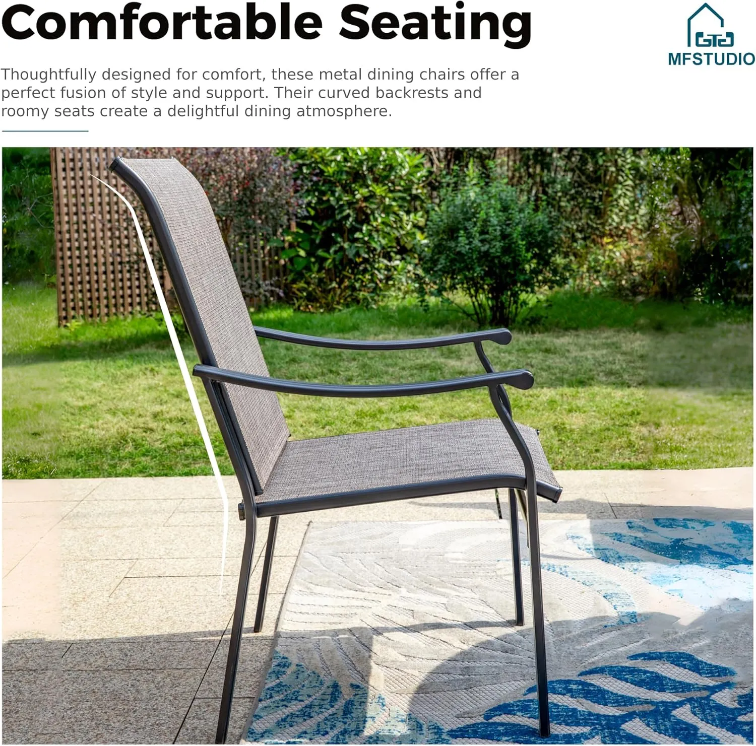 MFSTUDIO Outdoor Patio Dining Chairs, 2 PCS Metal Frame Patio Sling Chairs with Backrest and Armrest, All Weather Resistant Heavy Duty Patio Chair, Grey