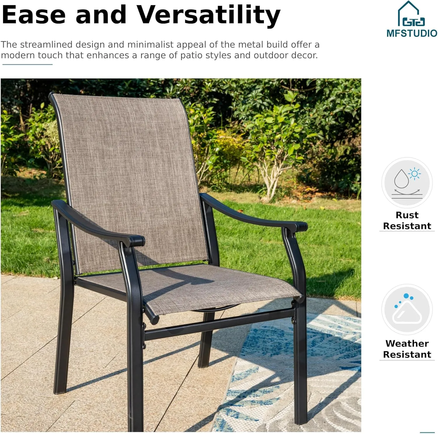 MFSTUDIO Outdoor Patio Dining Chairs, 2 PCS Metal Frame Patio Sling Chairs with Backrest and Armrest, All Weather Resistant Heavy Duty Patio Chair, Grey