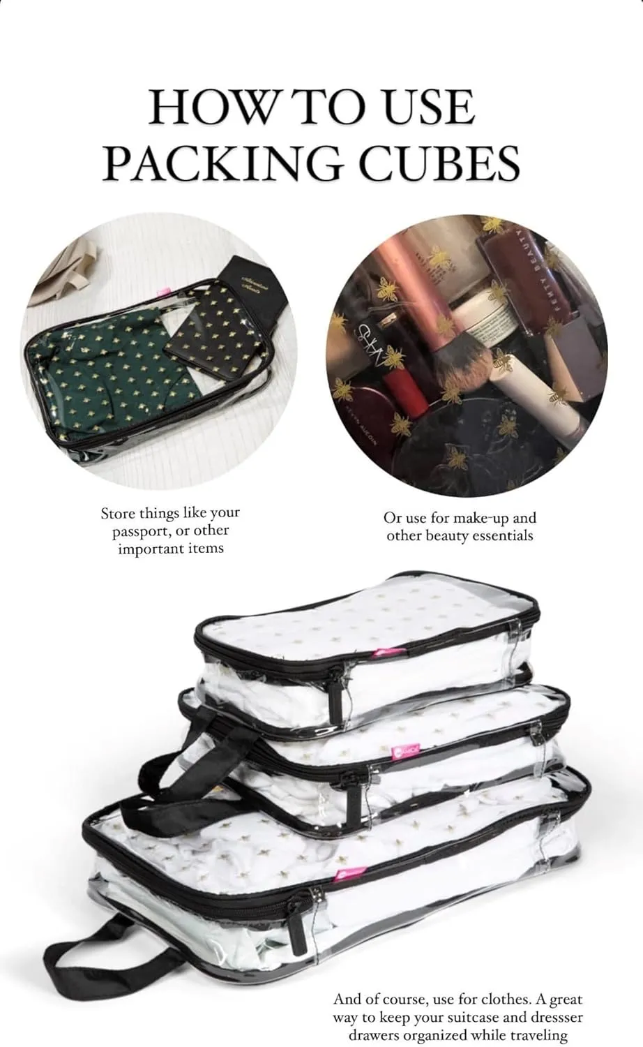 MIAMICA 3-Piece Packing Cubes, Black Bee Clear Design – Includes Small, Medium and Large Suitcase Organizers with Durable Design