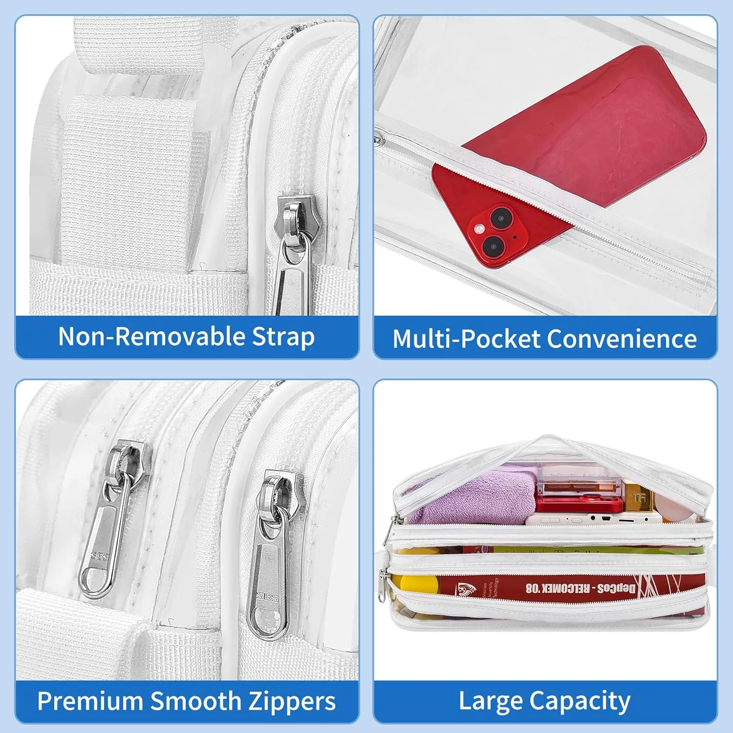 Mildbeer Clear Messenger Bag with 2 Compartments, Clear Crossbody Tote Bag for Stadium Events Concerts Festivals
