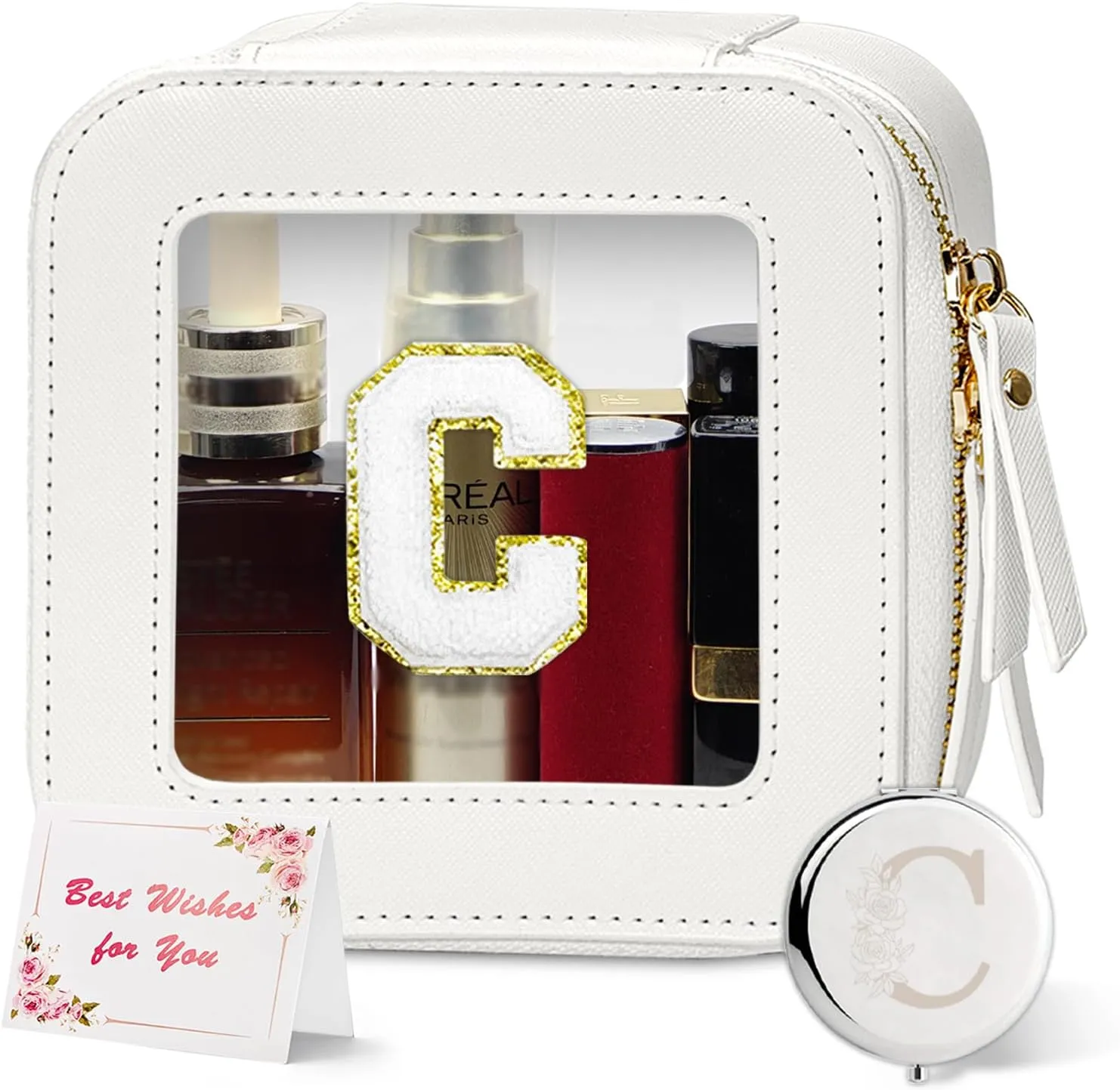 Mini Personalized Travel Makeup Organizer - Cute Clear Waterproof Cosmetic Bag with Zipper for Women