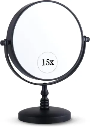 MIRRORVANA 15X Magnifying Tabletop Mirror on Stand - Dual Sided 15x and 1x Cosmetic Mirror for Desk, Dressing Table, Bathroom Countertop - 6" Wide & 9" Tall (Black)