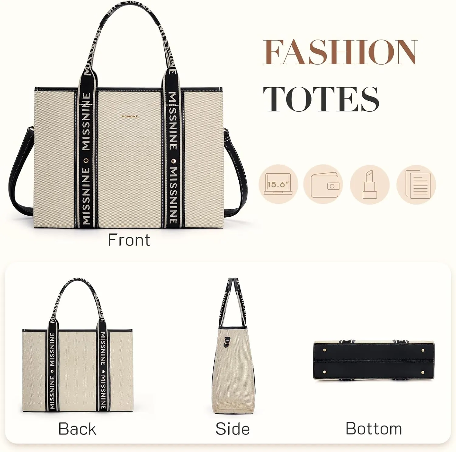 Missnine Tote Bag Canvas Laptop Bag 15.6 inch Briefcase for Women Large Capacity Handbag for Office, School, Travel