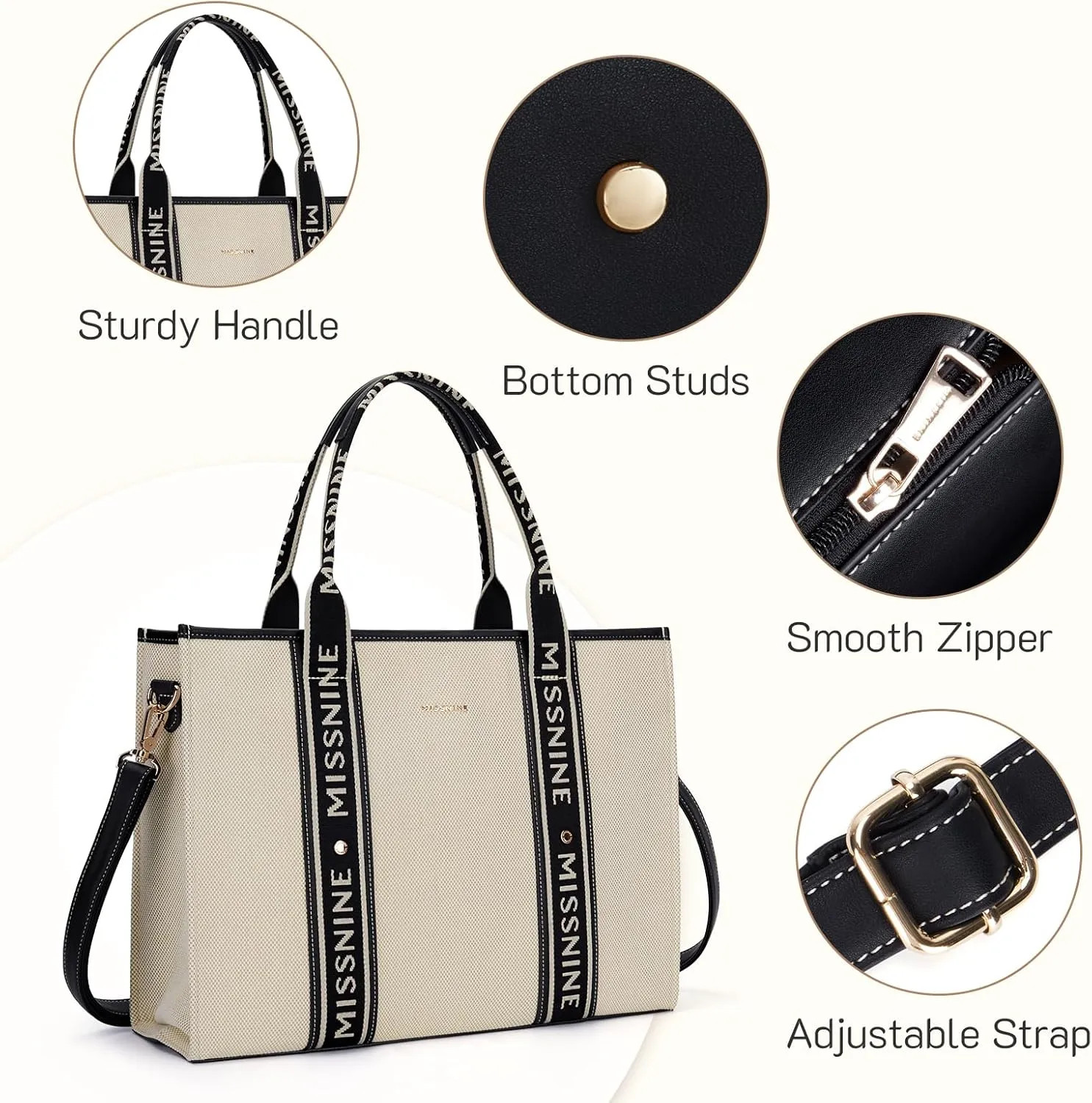 Missnine Tote Bag Canvas Laptop Bag 15.6 inch Briefcase for Women Large Capacity Handbag for Office, School, Travel