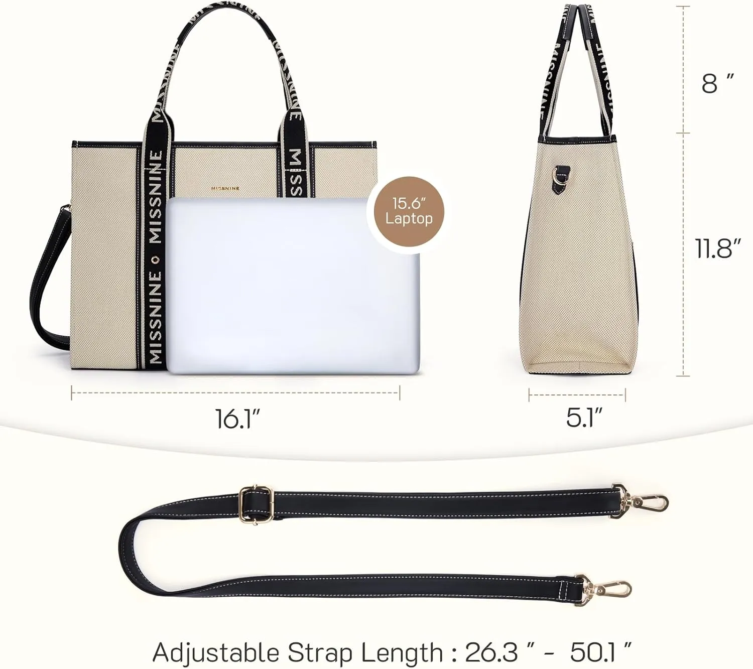 Missnine Tote Bag Canvas Laptop Bag 15.6 inch Briefcase for Women Large Capacity Handbag for Office, School, Travel