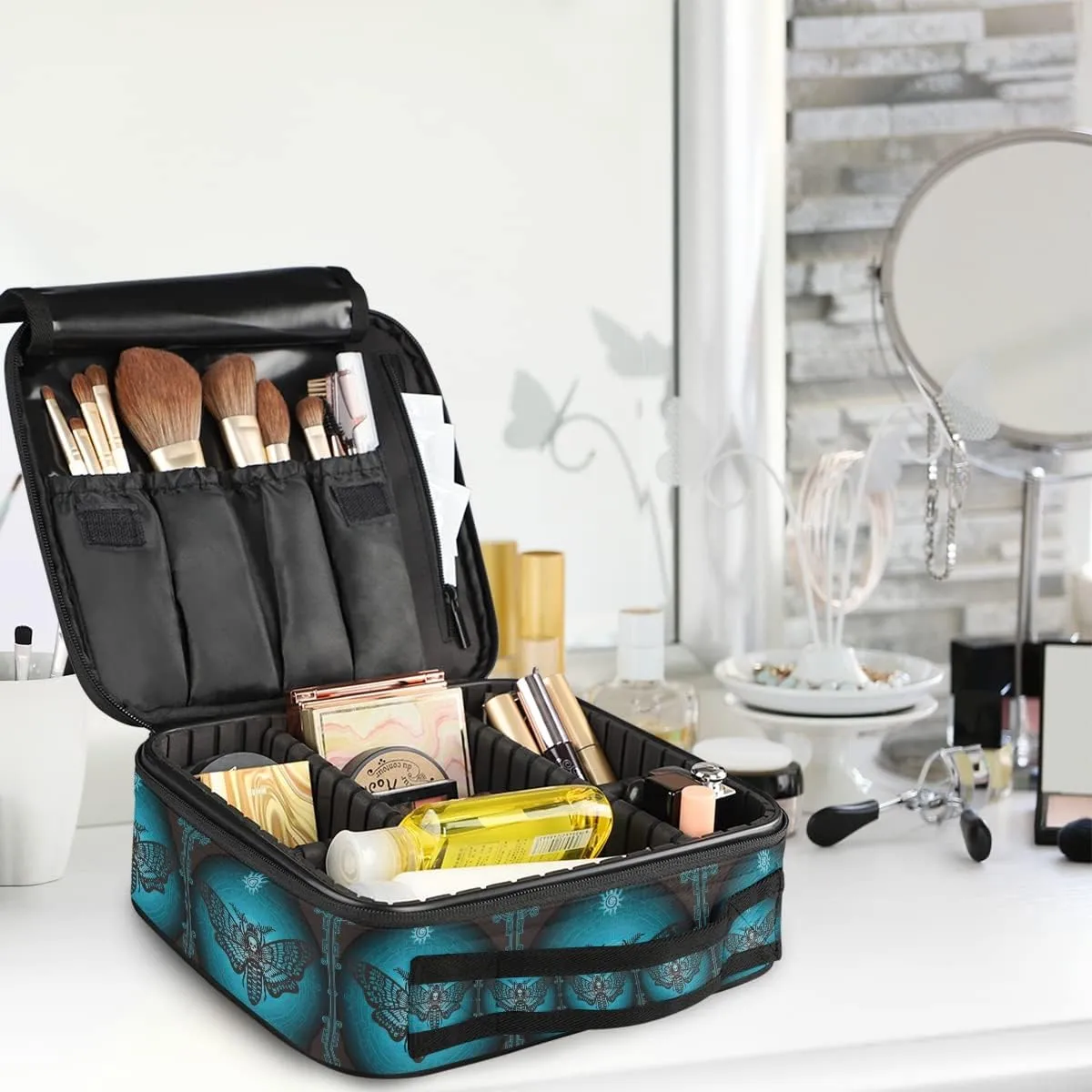 MNSRUU Travel Makeup Bag, Skull Makeup Bag Organizer Goth Butterfly Cosmetic Bag for Women Travel Toiletry Bag with Adjustable Dividers