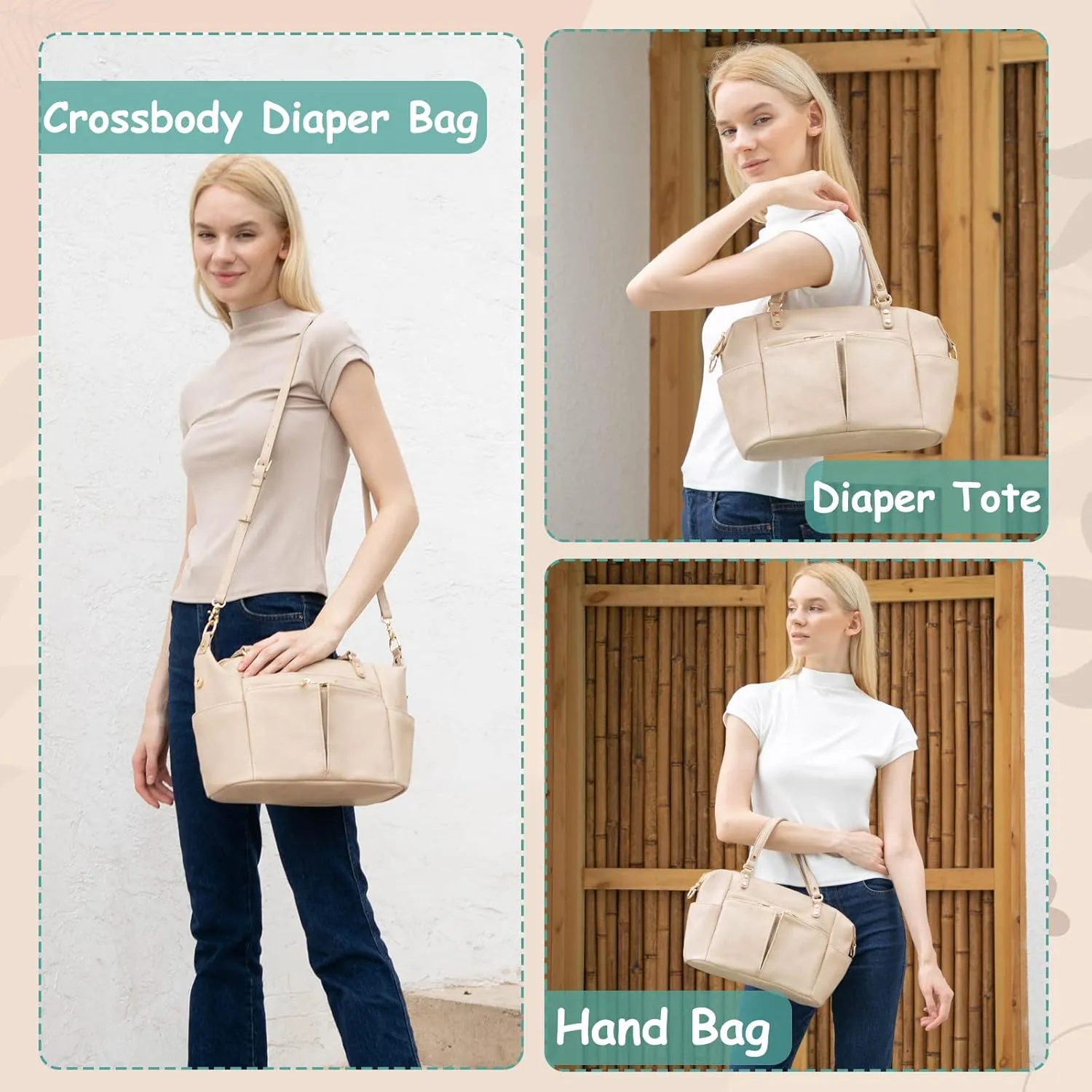 MOMINSIDE Small Leather Diaper Tote, Crossbody Bag with 13 Pockets, Insulated for Women Mom (Ivory)