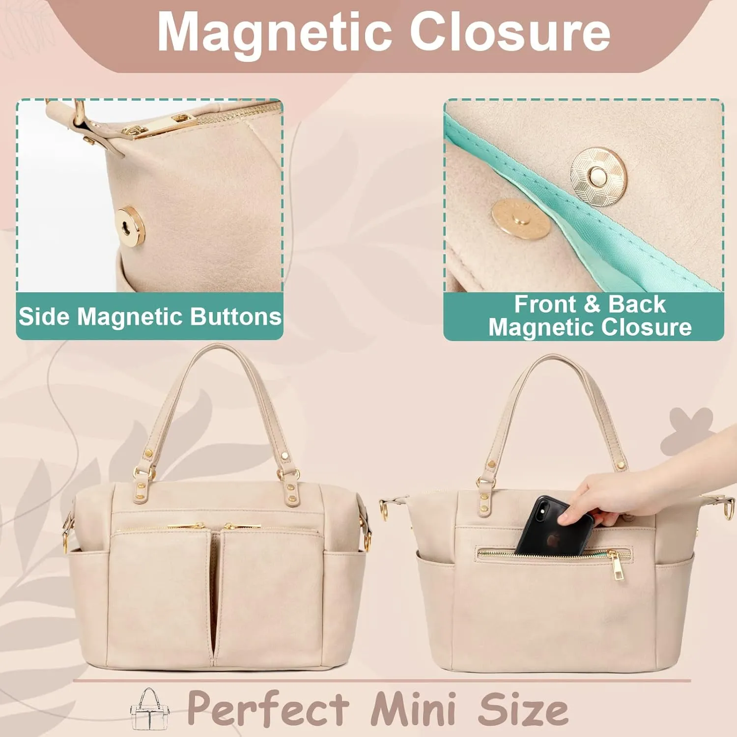MOMINSIDE Small Leather Diaper Tote, Crossbody Bag with 13 Pockets, Insulated for Women Mom (Ivory)