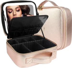 MOMIRA Travel Cosmetic Train Case with Lighted Mirror 3 Color Scenarios Cosmetic Bag Organizer with Adjustable Dividers Makeup Storage for Women, Makeup Accessories & Tools Case Champagne