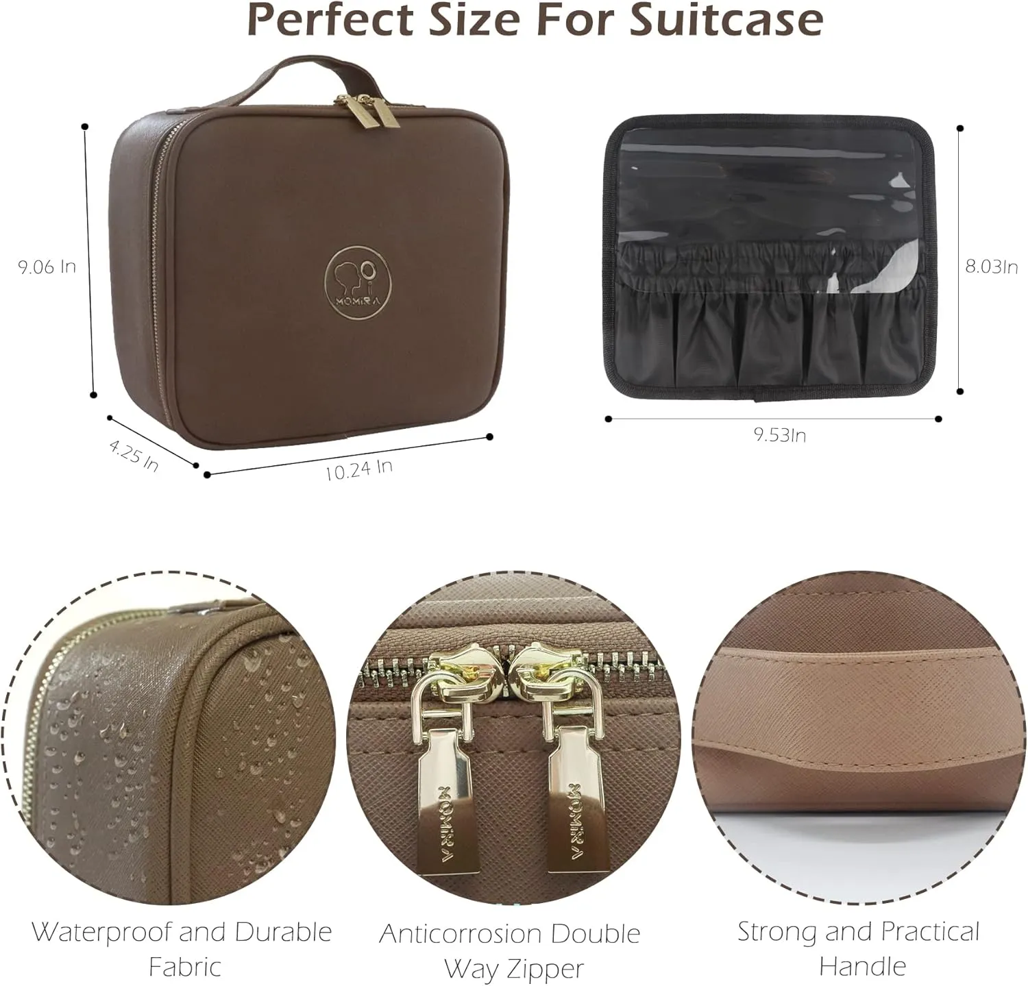 MOMIRA Travel Makeup Bag Cosmetic Bag Makeup Organizer Bag with Lighted Mirror, Adjustable Brightness in 3 Color Scenarios, Waterproof Makeup Train Case, Gift for Women - Brown