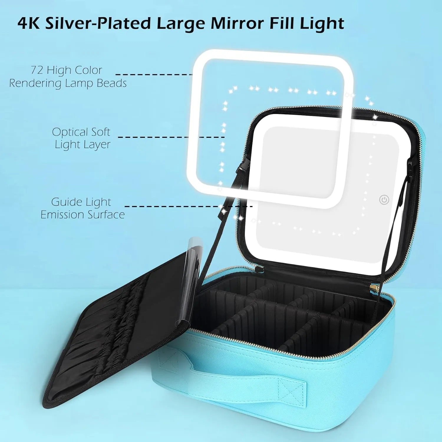 MOMIRA Travel Makeup Bag Cosmetic Bag Makeup Organizer Bag with Lighted Mirror, Adjustable Brightness in 3 Color Scenarios, Waterproof Makeup Train Case, Gift for Women - Diamond Blue