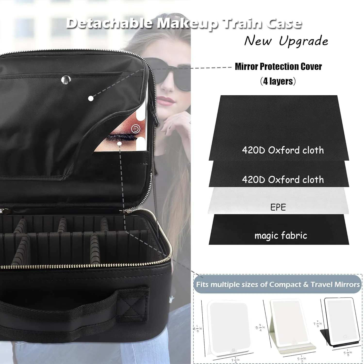 MOMIRA Travel Makeup Bag Cosmetic Bag Makeup Organizer Bag with Lighted Mirror, Adjustable Brightness in 3 Color Scenarios, Waterproof Makeup Train Case, Gift for Women - Woven black