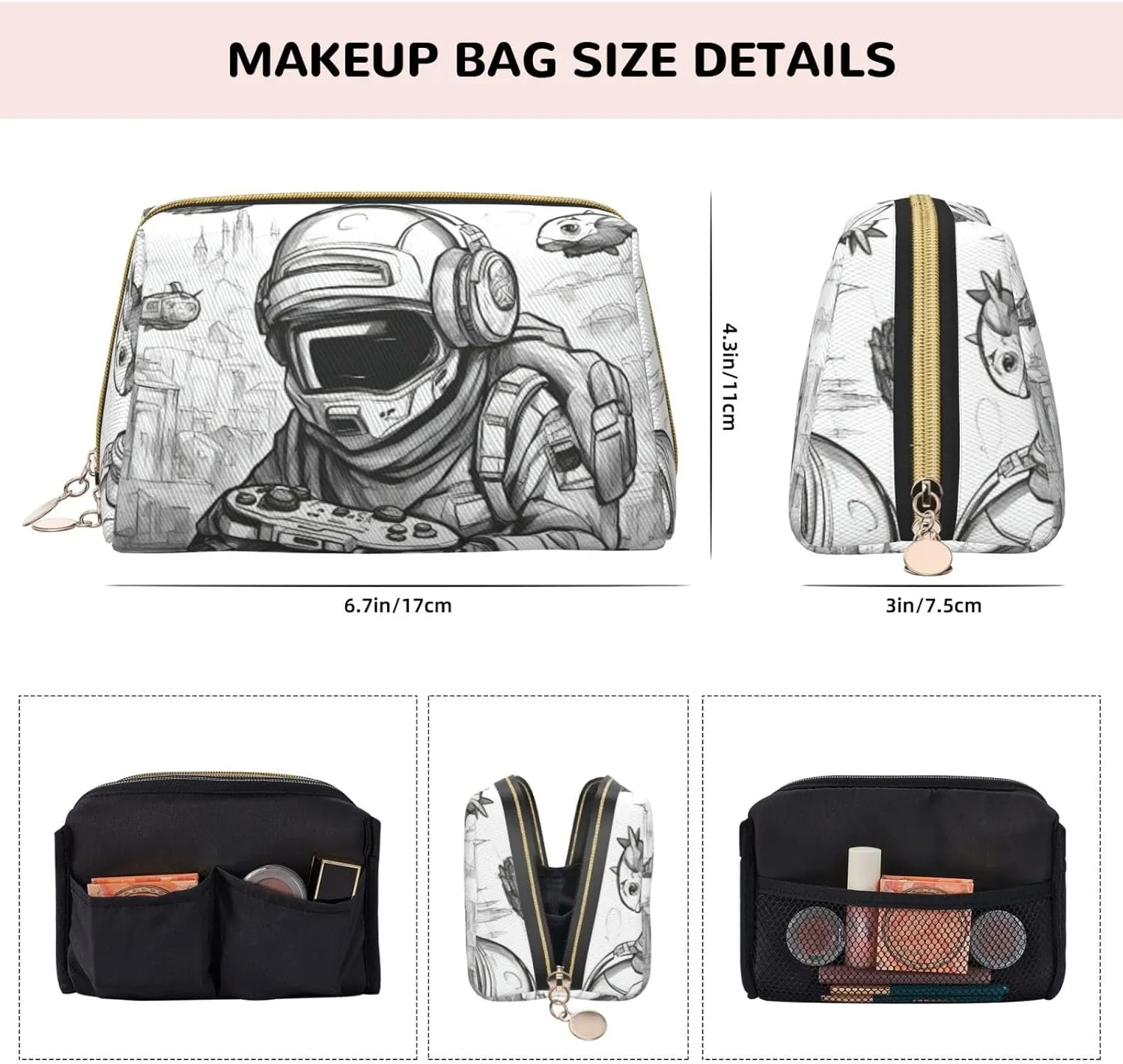 Monochrome Sketch Style Gaming Toiletry Pouch, Travel-Friendly Makeup Organizer For Makeup Brushes, Lipsticks