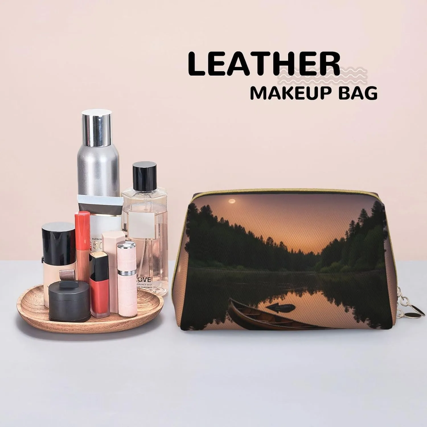 Moonlit Canoe Allagash River Leather Toiletry Travel Bag, Compact Makeup Organizer For Women