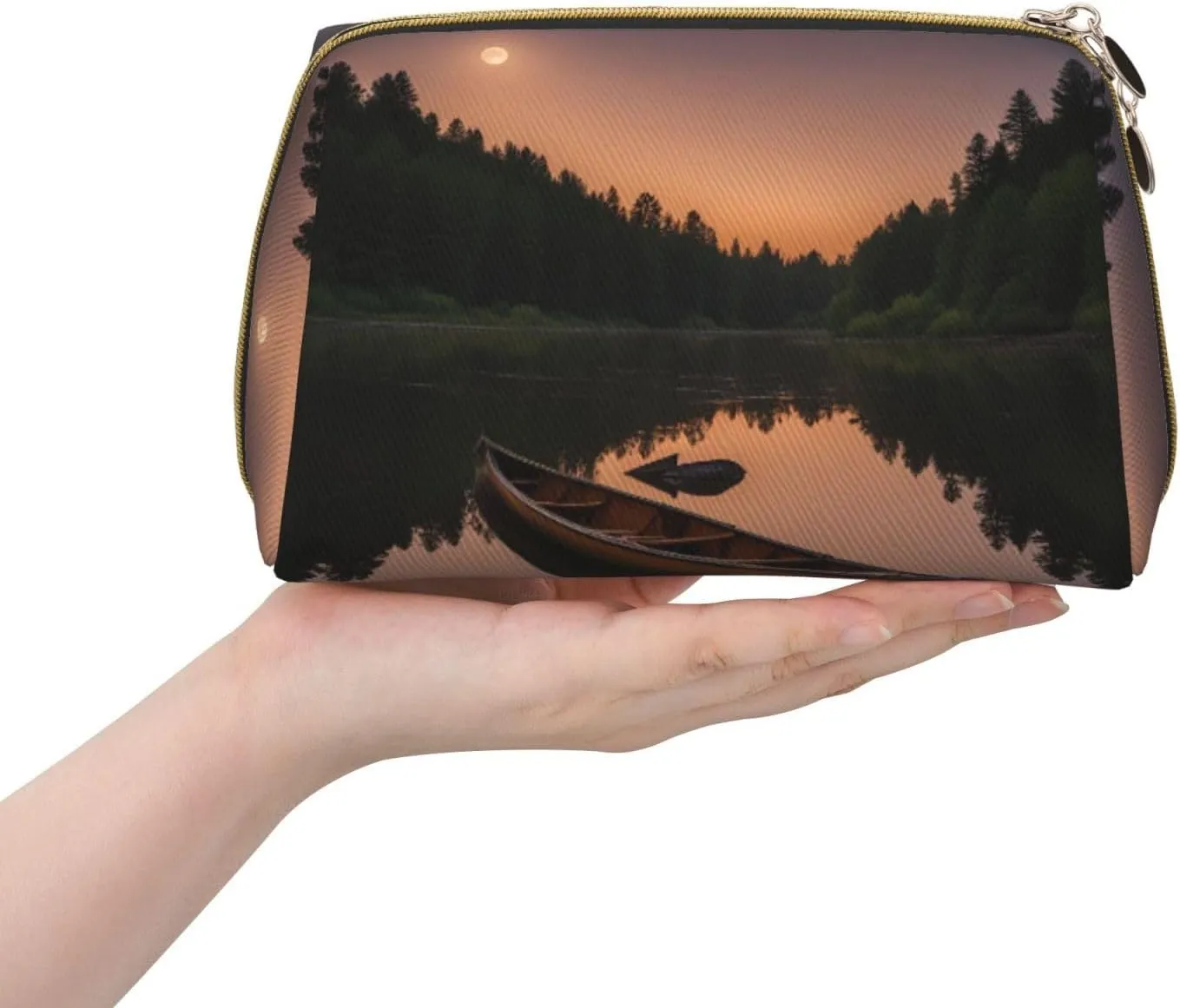 Moonlit Canoe Allagash River Leather Toiletry Travel Bag, Compact Makeup Organizer For Women