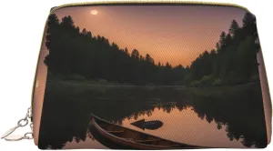 Moonlit Canoe Allagash River Leather Toiletry Travel Bag, Compact Makeup Organizer For Women