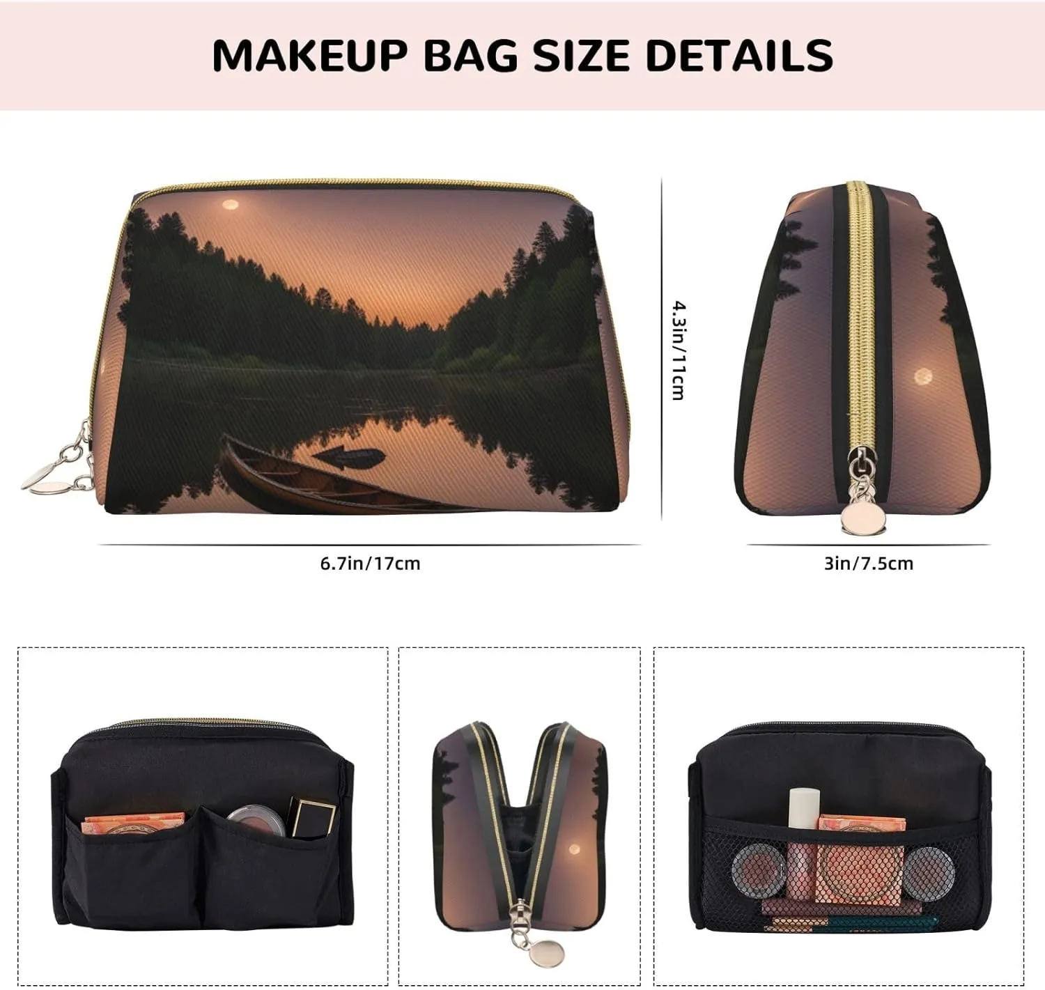 Moonlit Canoe Allagash River Leather Toiletry Travel Bag, Compact Makeup Organizer For Women