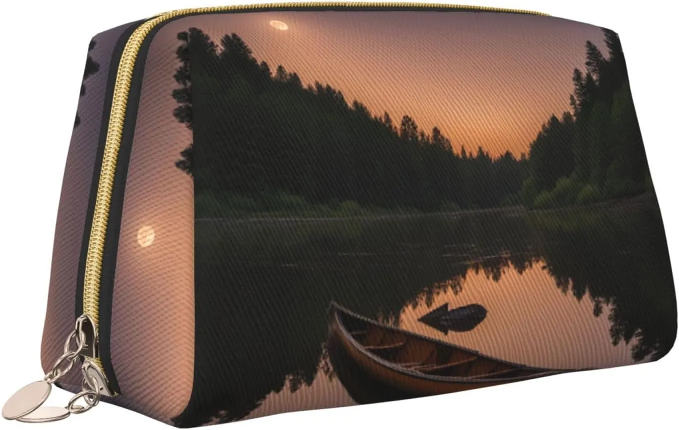 Moonlit Canoe Allagash River Leather Toiletry Travel Bag, Compact Makeup Organizer For Women