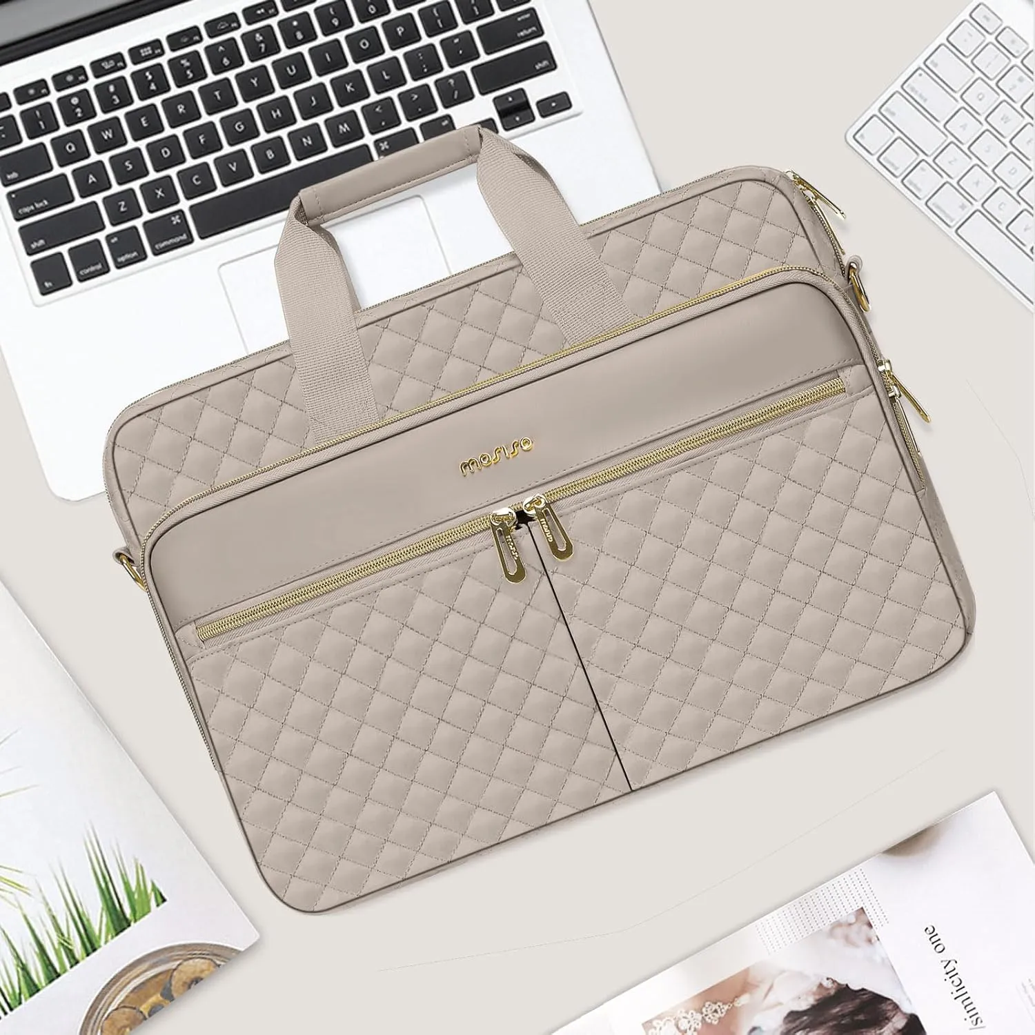 MOSISO 15-15.6 inch Laptop Bag, Briefcase for Women&Men, 16 inch Square Quilted Computer Messenger Bag Office Travel Business with 3 Pockets&Strap, Taupe Brown