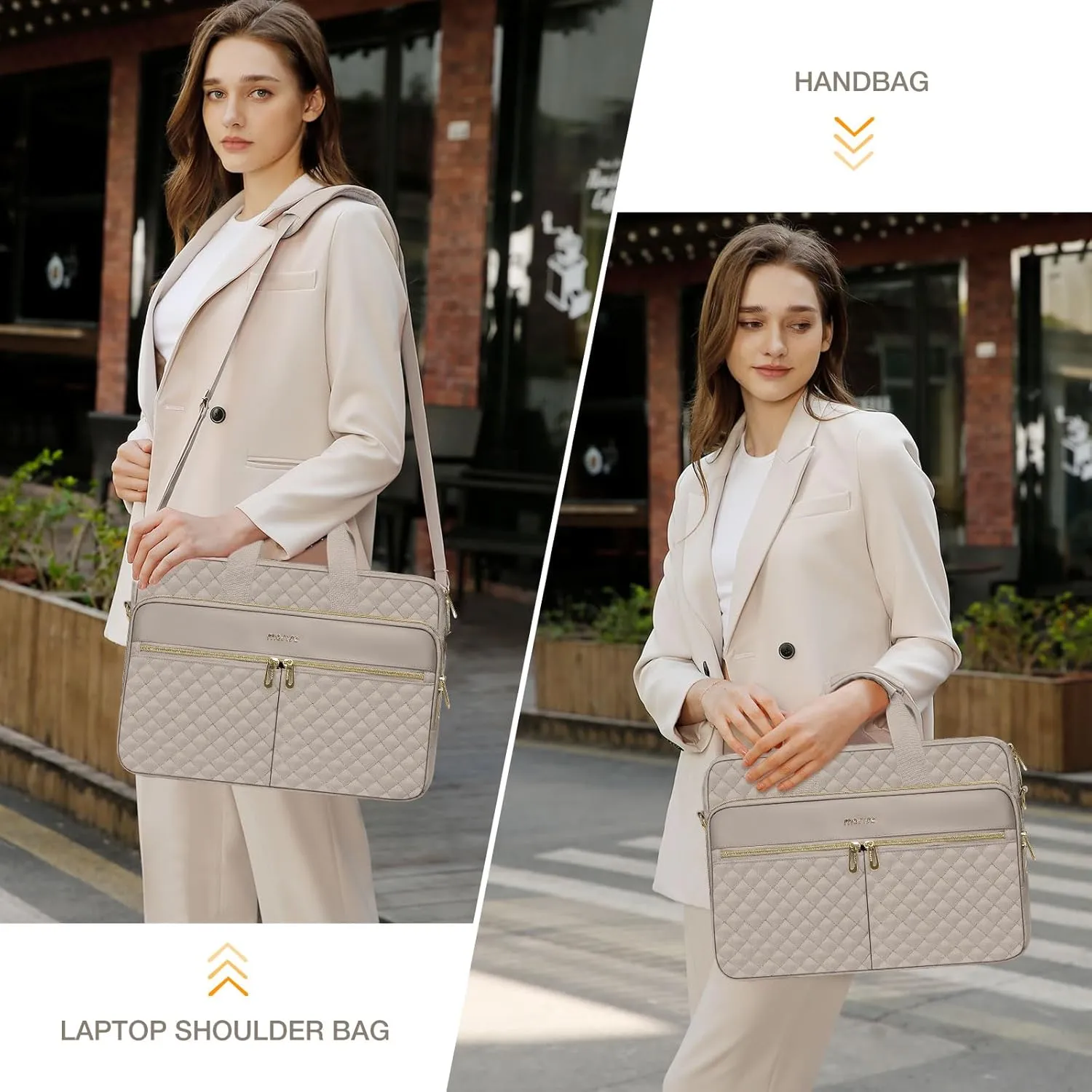 MOSISO 15-15.6 inch Laptop Bag, Briefcase for Women&Men, 16 inch Square Quilted Computer Messenger Bag Office Travel Business with 3 Pockets&Strap, Taupe Brown