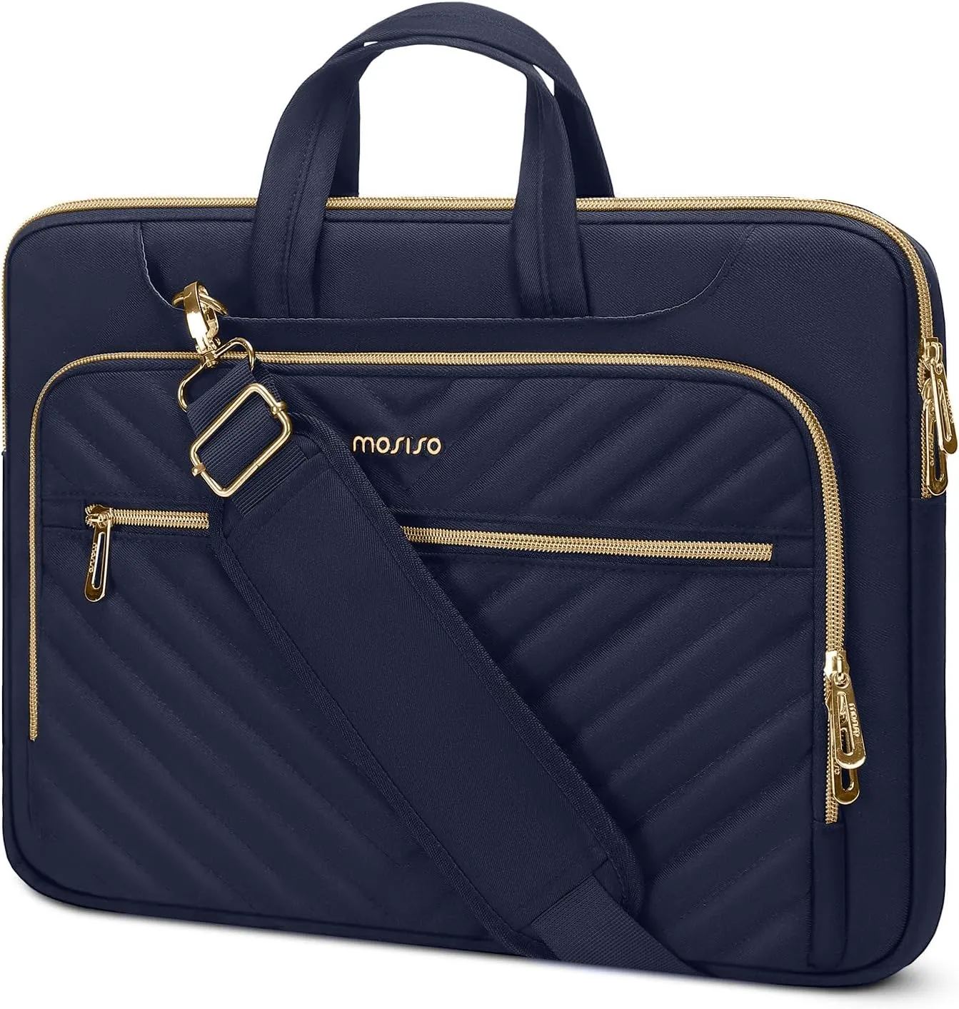 MOSISO 360 Protective Laptop Shoulder Bag,13-13.3 inch Computer Bag Compatible with MacBook Pro 14, HP, Dell, Asus Notebook,Messenger Briefcase with Front Quilted Raised Horizontal Pockets, Navy Blue