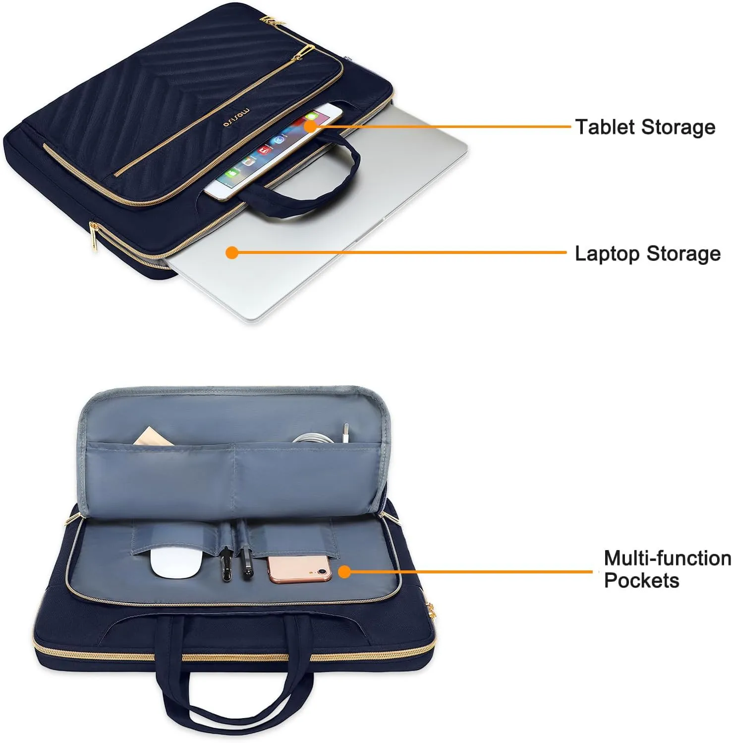 MOSISO 360 Protective Laptop Shoulder Bag,13-13.3 inch Computer Bag Compatible with MacBook Pro 14, HP, Dell, Asus Notebook,Messenger Briefcase with Front Quilted Raised Horizontal Pockets, Navy Blue