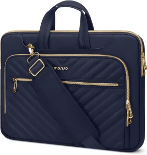 MOSISO 360 Protective Laptop Shoulder Bag,13-13.3 inch Computer Bag Compatible with MacBook Pro 14, HP, Dell, Asus Notebook,Messenger Briefcase with Front Quilted Raised Horizontal Pockets, Navy Blue
