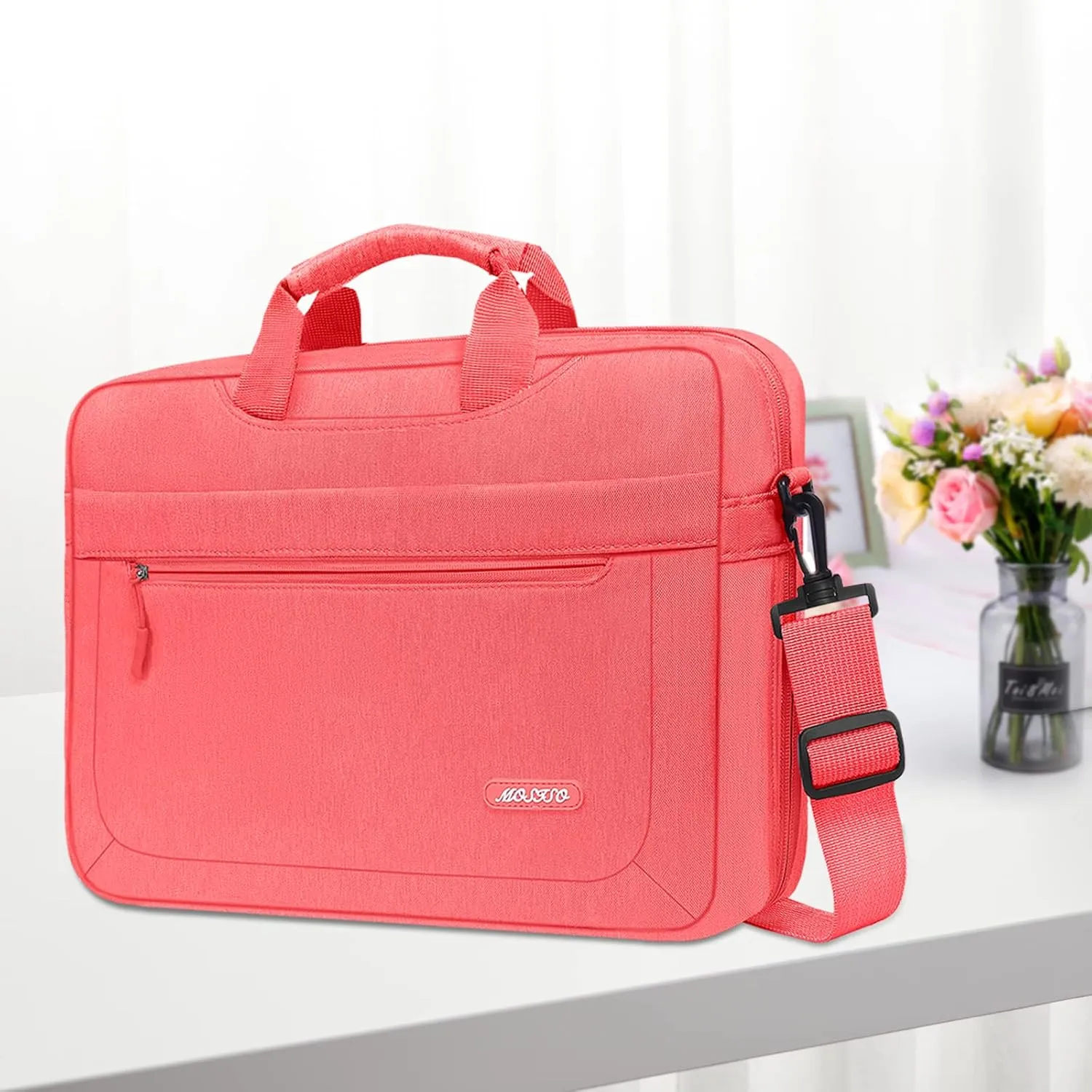 MOSISO Laptop Messenger Bag - Compatible with MacBook Air, MacBook Pro 13-14 inch, Adjustable Depth, Living Coral