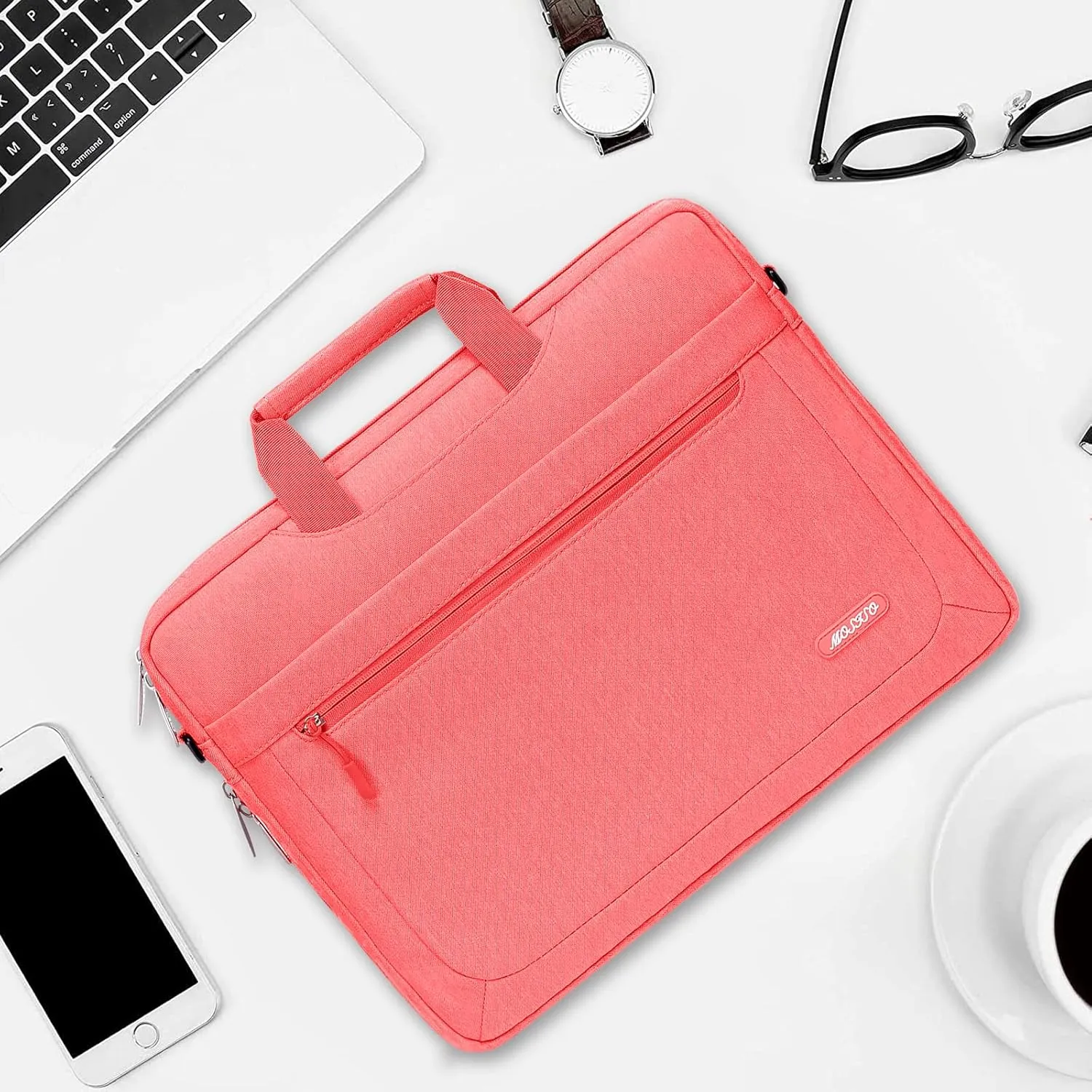 MOSISO Laptop Messenger Bag - Compatible with MacBook Air, MacBook Pro 13-14 inch, Adjustable Depth, Living Coral