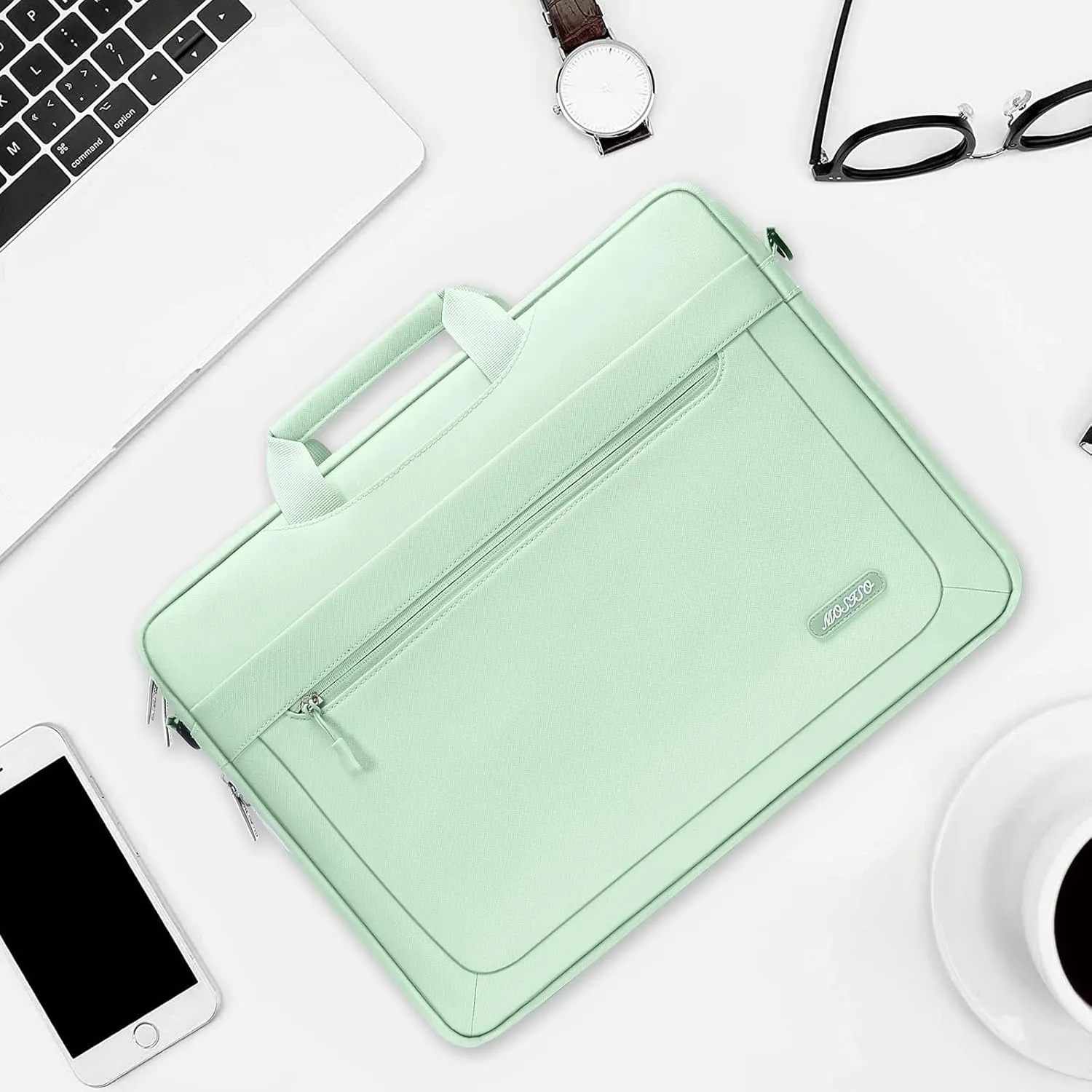 MOSISO Laptop Shoulder Messenger Bag Compatible with MacBook Air 15 inch M2 A2941/Pro 16 inch M3 A2991 M2 A2780 M1 A2485 A2141,15-15.6 inch Notebook with Adjustable Depth at Bottom, Honeydew Green