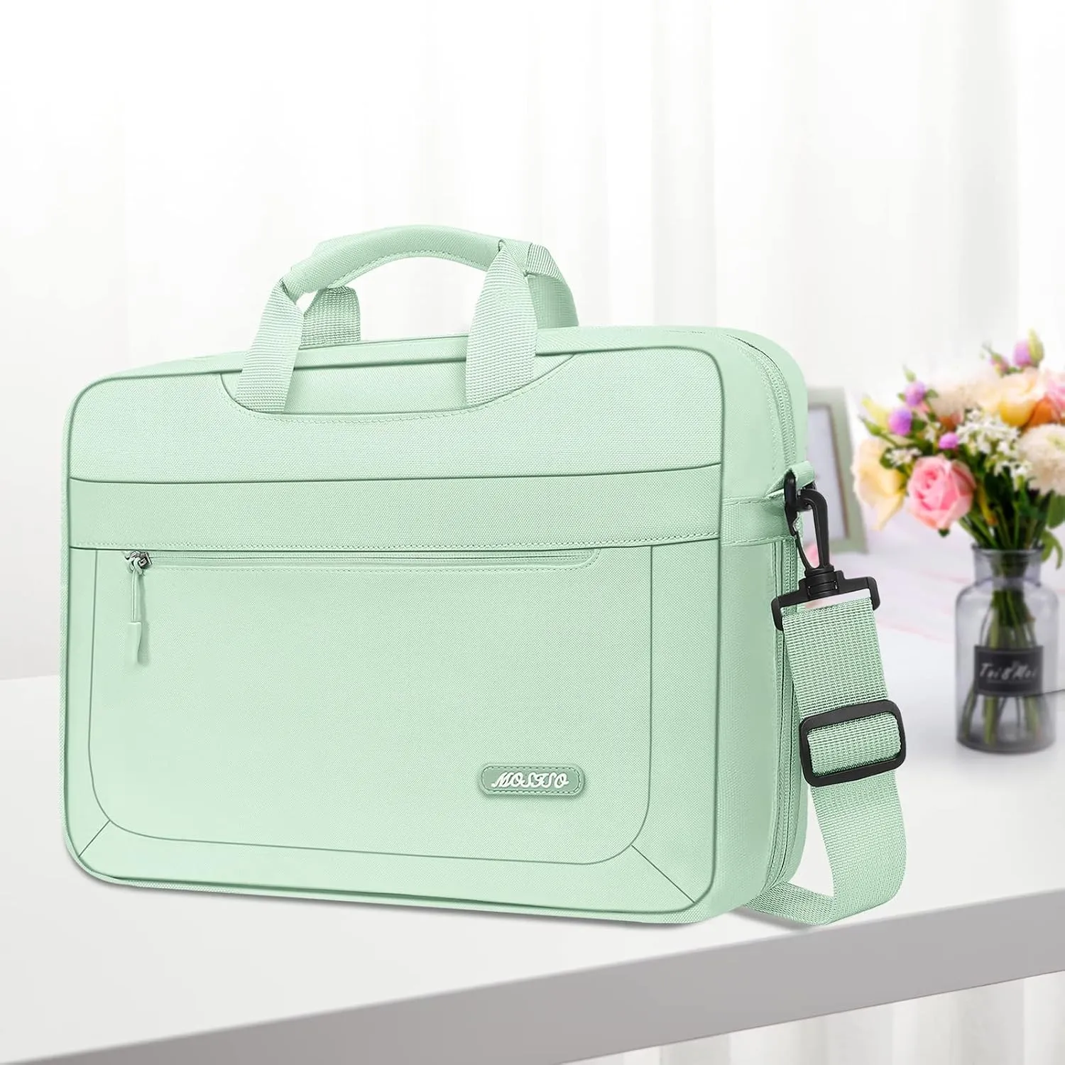 MOSISO Laptop Shoulder Messenger Bag Compatible with MacBook Air 15 inch M2 A2941/Pro 16 inch M3 A2991 M2 A2780 M1 A2485 A2141,15-15.6 inch Notebook with Adjustable Depth at Bottom, Honeydew Green
