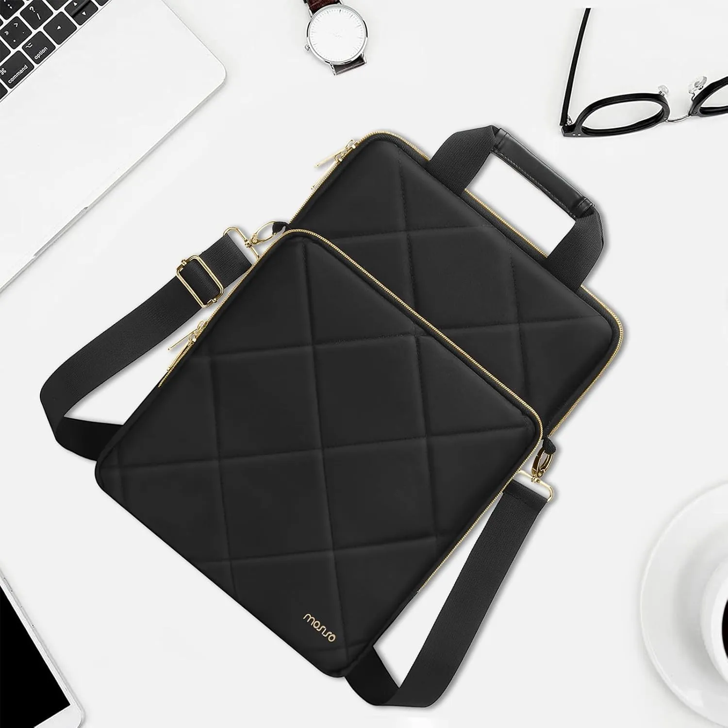 MOSISO Vertical Laptop Shoulder Bag,13-13.3 inch Computer Bag Compatible with MacBook, HP, Dell, Lenovo, Asus Notebook,Rhombus Quilted Messenger Bag with Front Pocket&Handle&Belt, Black