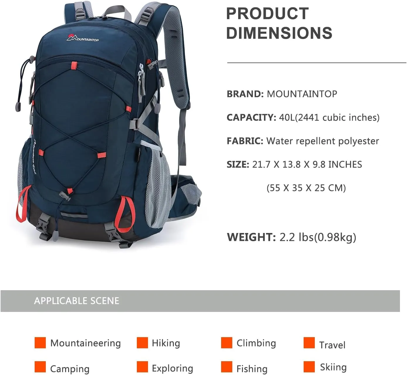 MOUNTAINTOP 40L Hiking Backpack,Lightweight Travel Backpack for Men Women Outdoor Backpacking, Camping